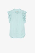 Top Tiza Raso - Top in raso celeste con maniche corte e volant - Donna.
