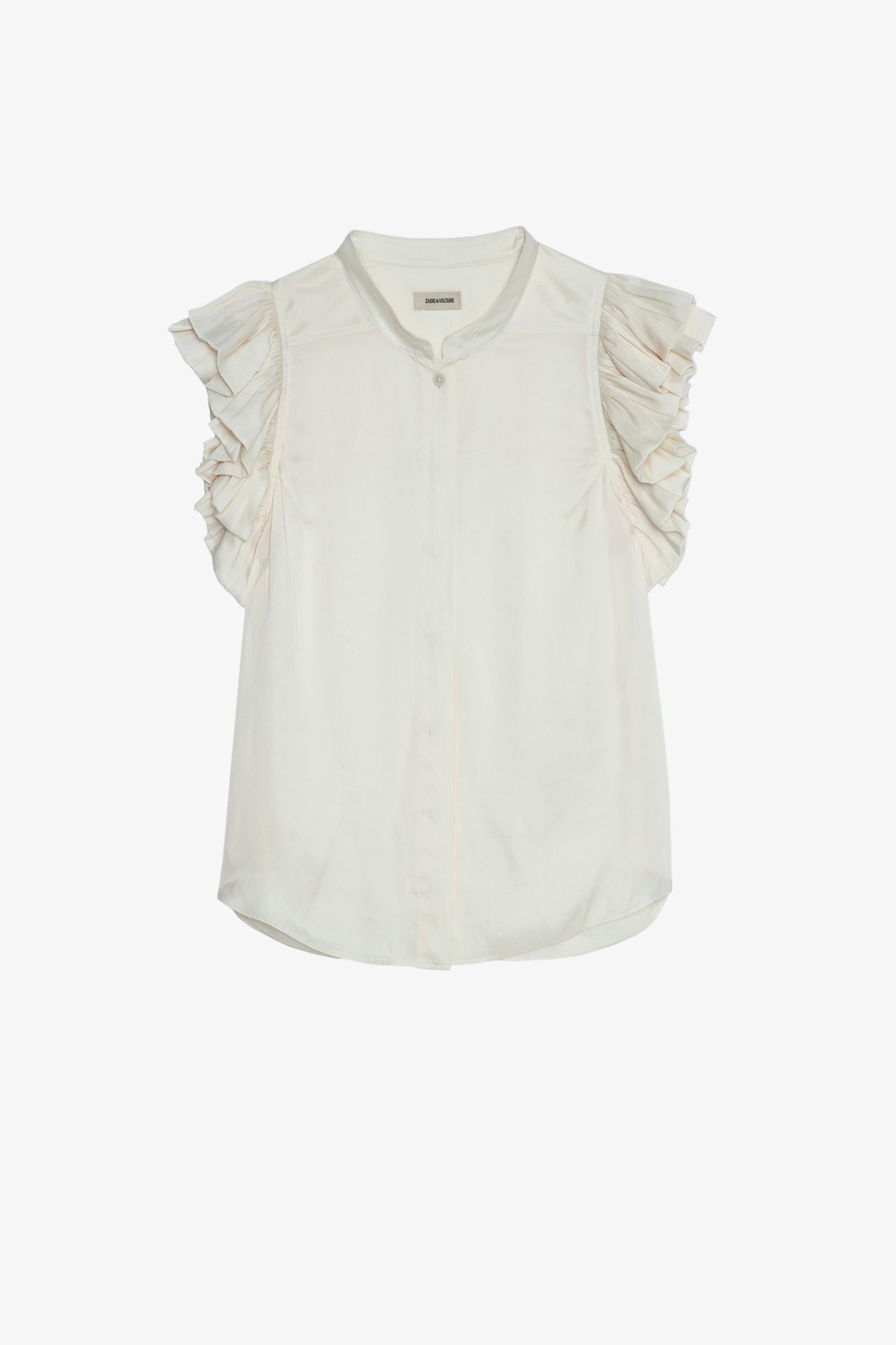 Tiza サテン トップス Women's Craie satin top with short ruffled sleeves and button front 