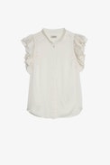 Tiza Satin Top - Women's Craie satin top with short ruffled sleeves and button front.