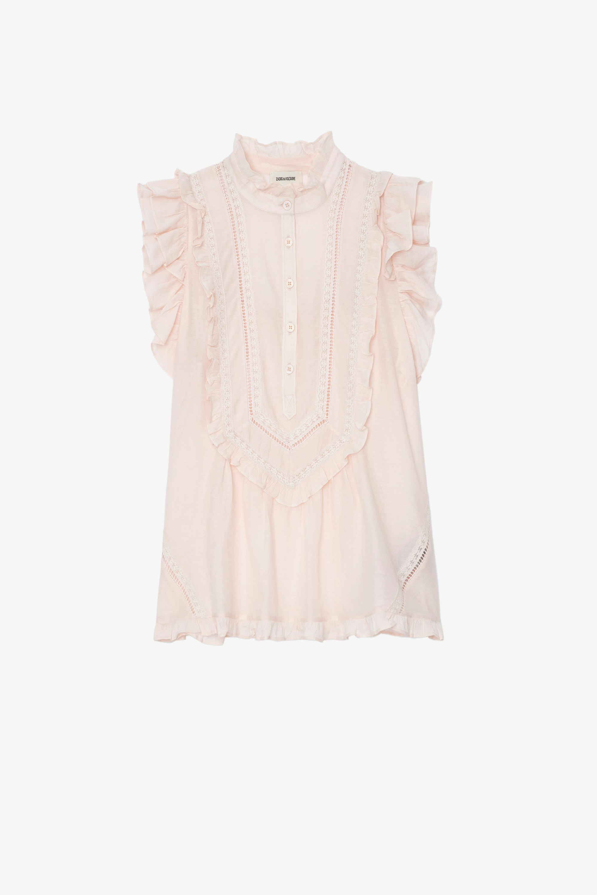 Tama Top Women's light pink short-sleeved top with ruffles and lace strips
