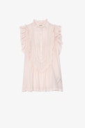 Tama Top - Women's light pink short-sleeved top with ruffles and lace strips