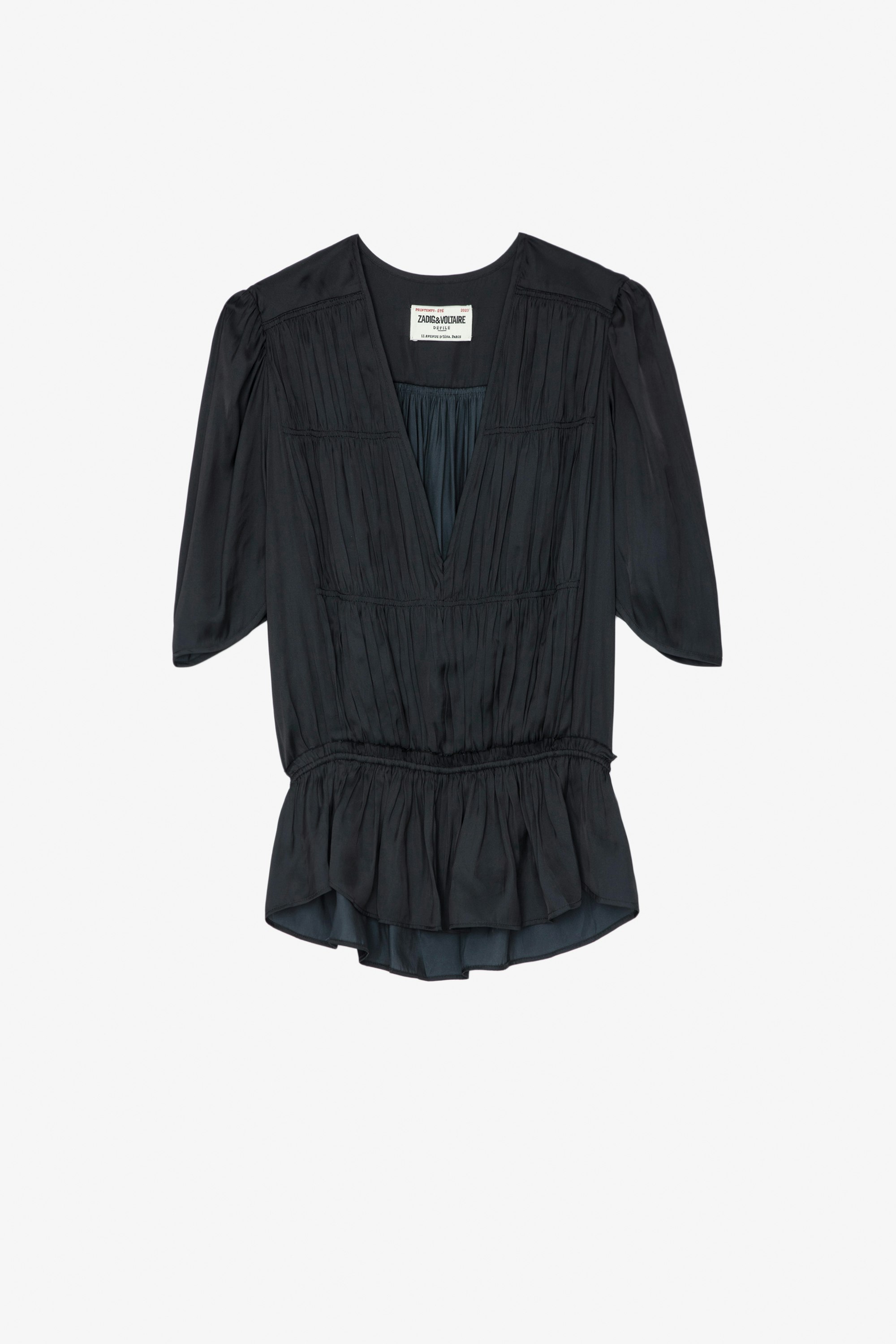 Tyoko Satin Top Women's gathered black satin top with asymmetrical sleeves
