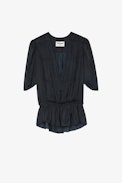Tyoko Satin Top - Women's gathered black satin top with asymmetrical sleeves