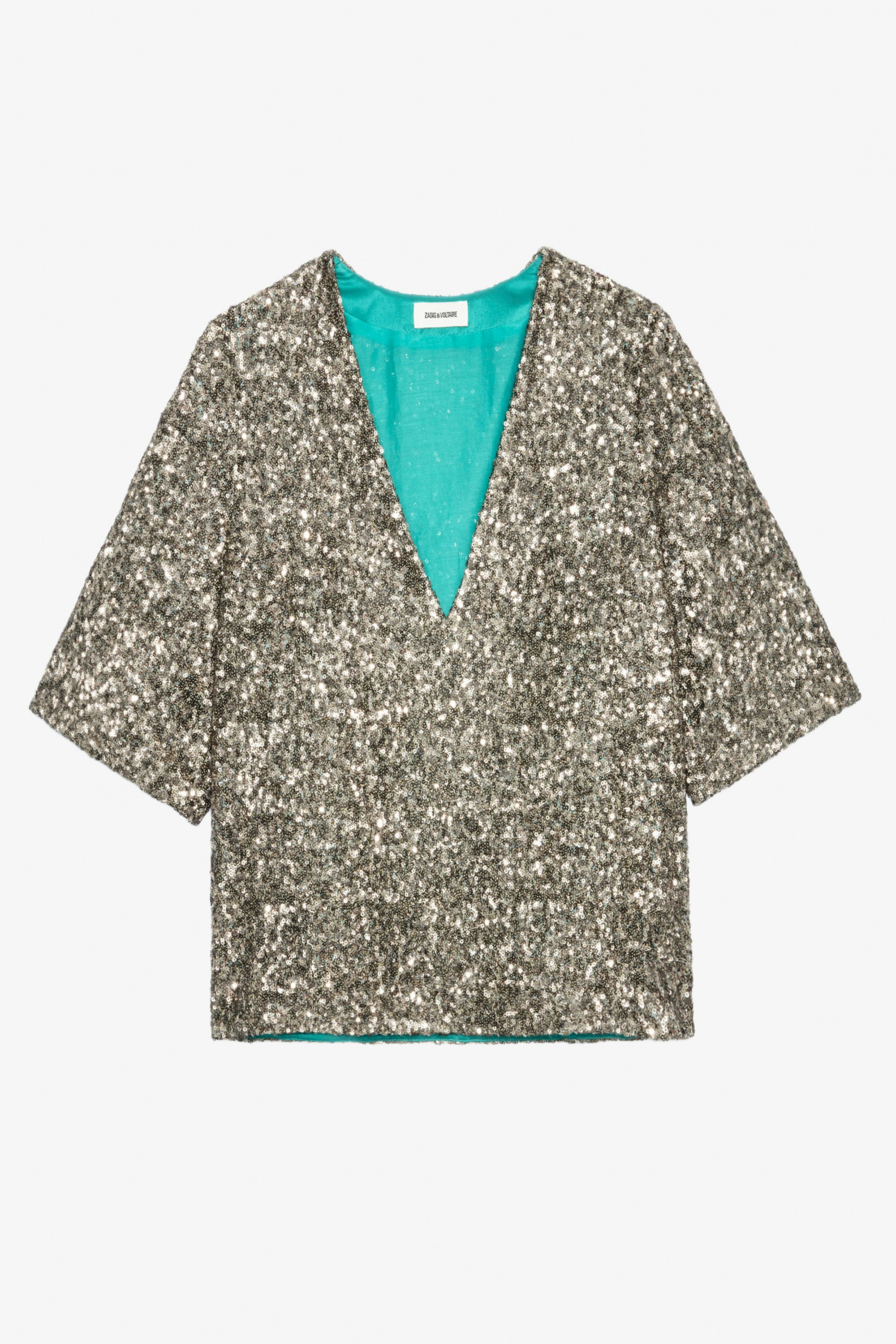 Bluse Tytane Pailletten - Kurzärmelige Bluse in Bronze mit V-Ausschnitt und Pailletten.