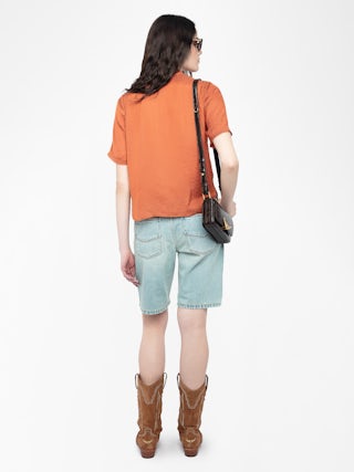 Top Topher Satin - Top en satin jacquard ZV, manches courtes et fermeture boutonnée.