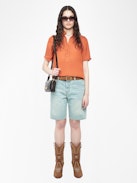 Topher Satin Top - ZV jacquard satin top with short sleeves and button fastening.
