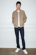 Mate Bomber Jacket - Men's brown bomber jacket with arrows on the left sleeve