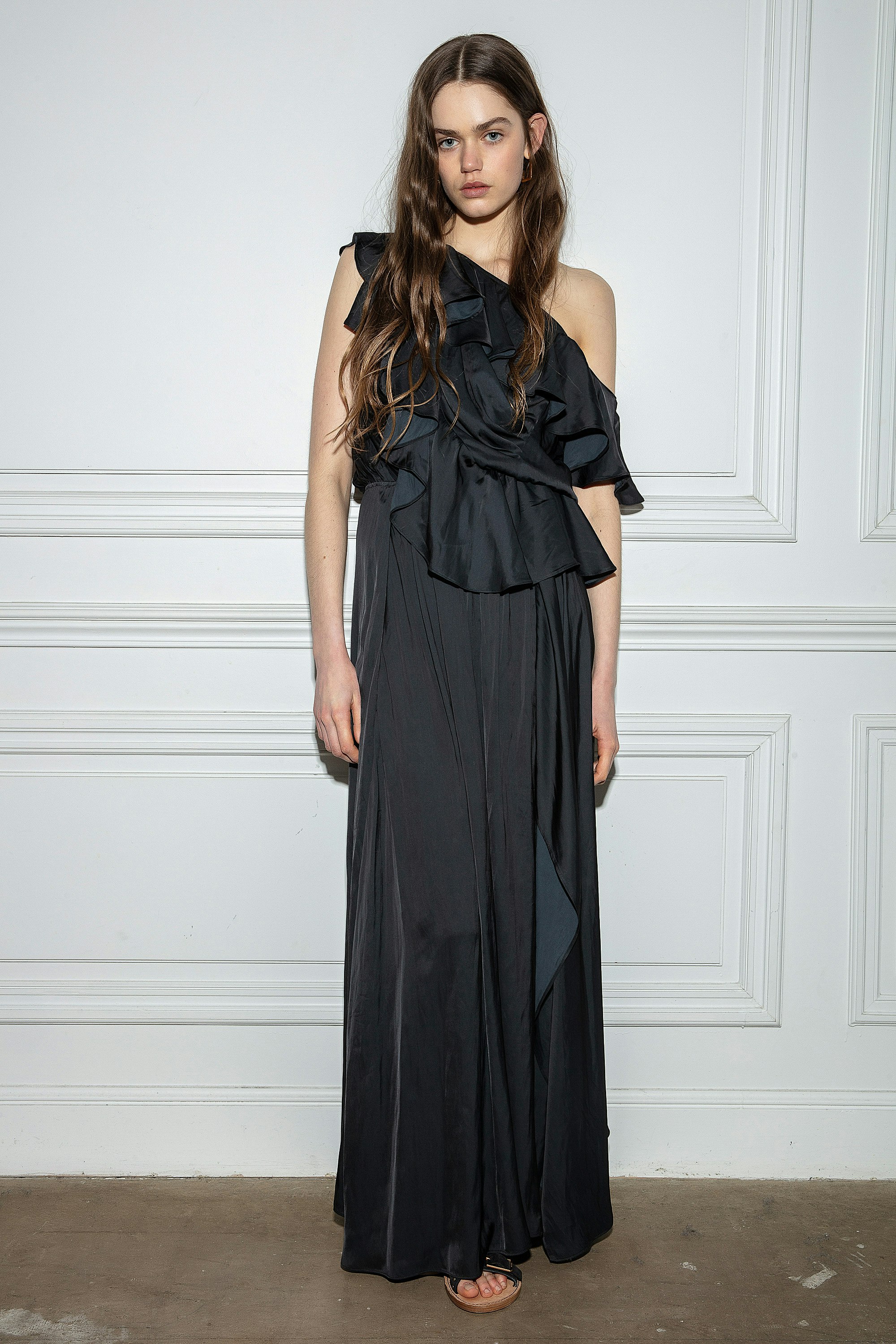 Ryu Satin Dress Women's long black satin dress, draped and asymmetrical
