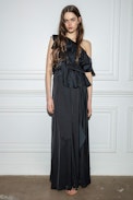 Ryu Satin Dress - Women's long black satin dress, draped and asymmetrical