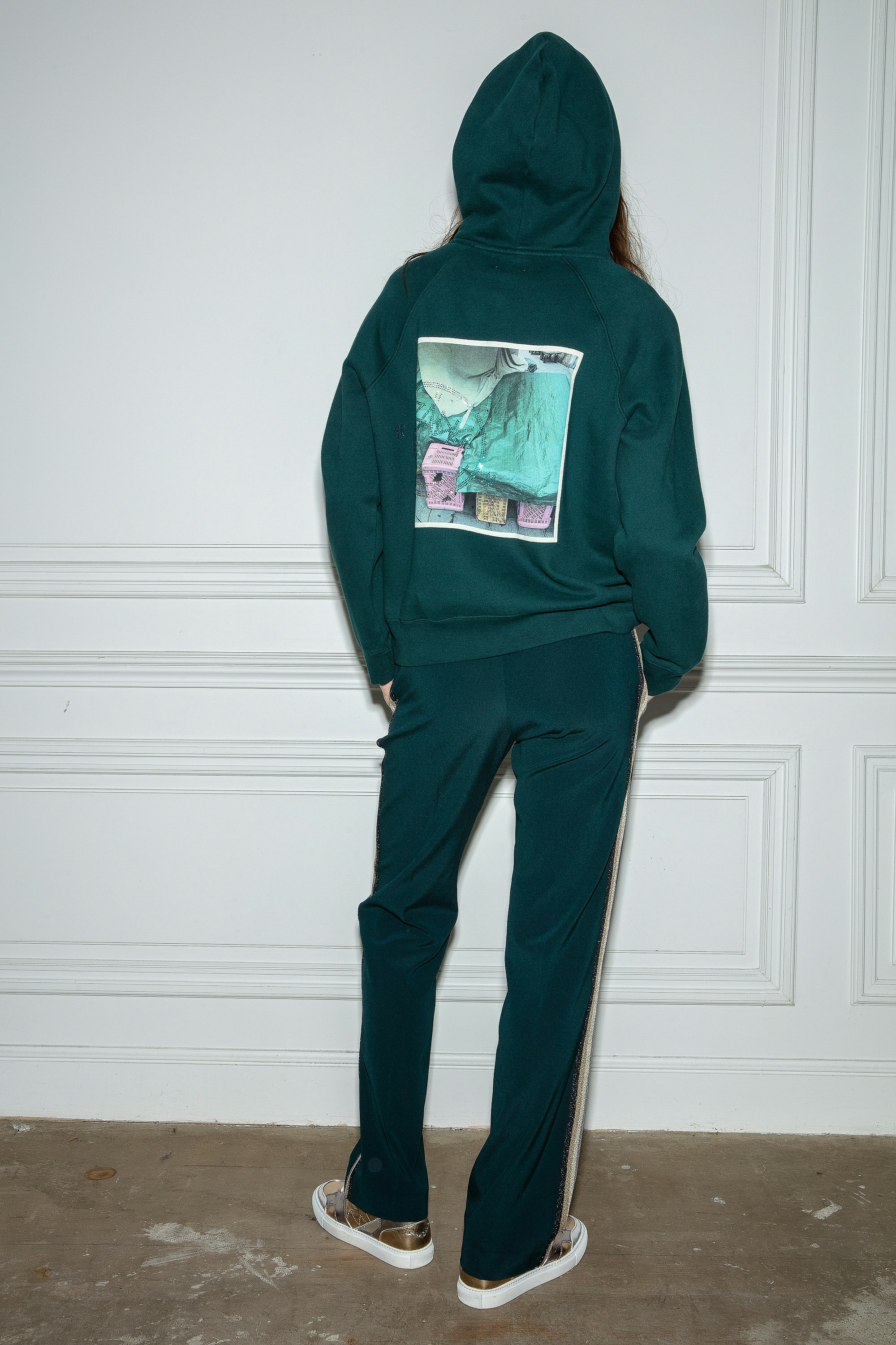 Sweatshirt Georgy Photoprint Color Box Grünes Damen-Sweatshirt aus Baumwolle mit Fotodruck und Strass auf dem Rücken