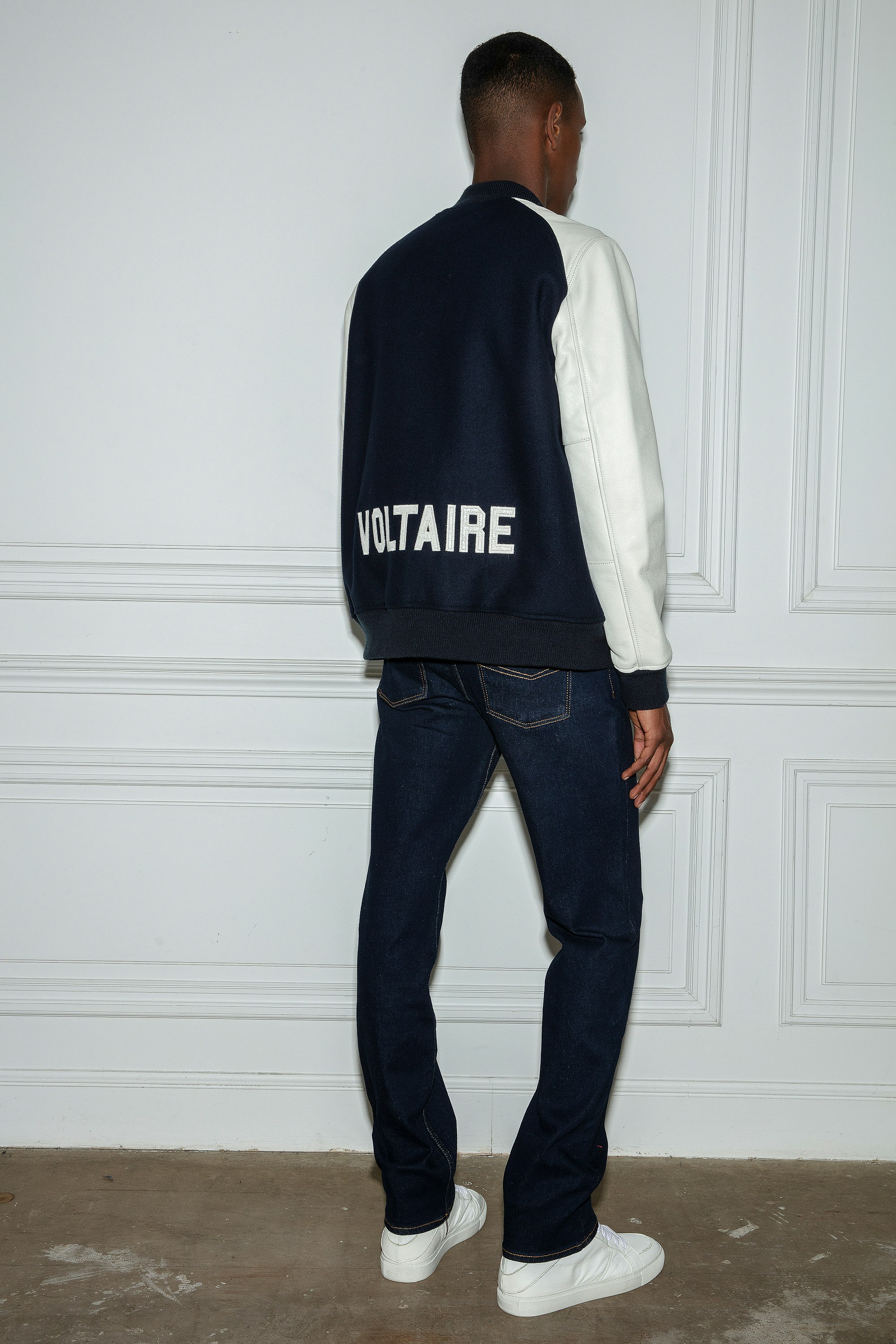 Birdieh ジャケット Men's navy blue and white wool and leather jacket 