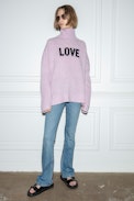 Alma Love Jumper - Women’s light pink merino knit jumper with contrasting “Love” mantra and high neck