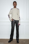 Halton Cashmere Jumper - Women’s beige cashmere jumper with contrasting embroidered motifs on the elbows