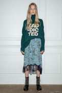 Joslin Bohemian Skirt - Women’s asymmetric satin skirt with floral print and contrasting lace trim